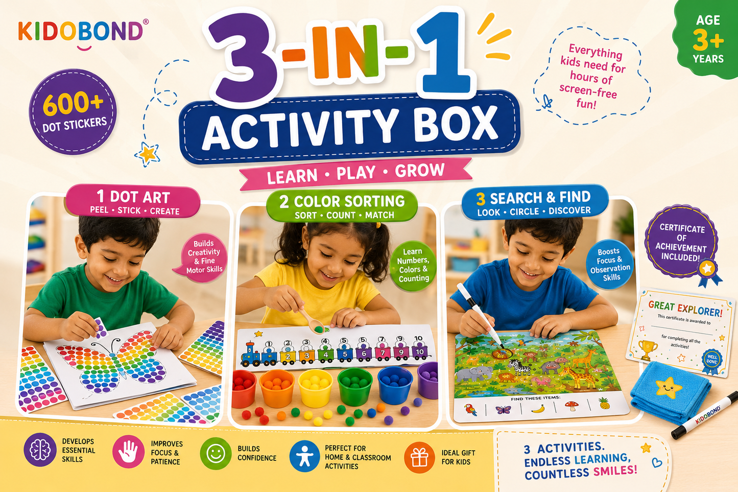 3-in-1 Learning & Activity Box – Sticker Art, Search & Find & Color Sorting (Ages 2-8)